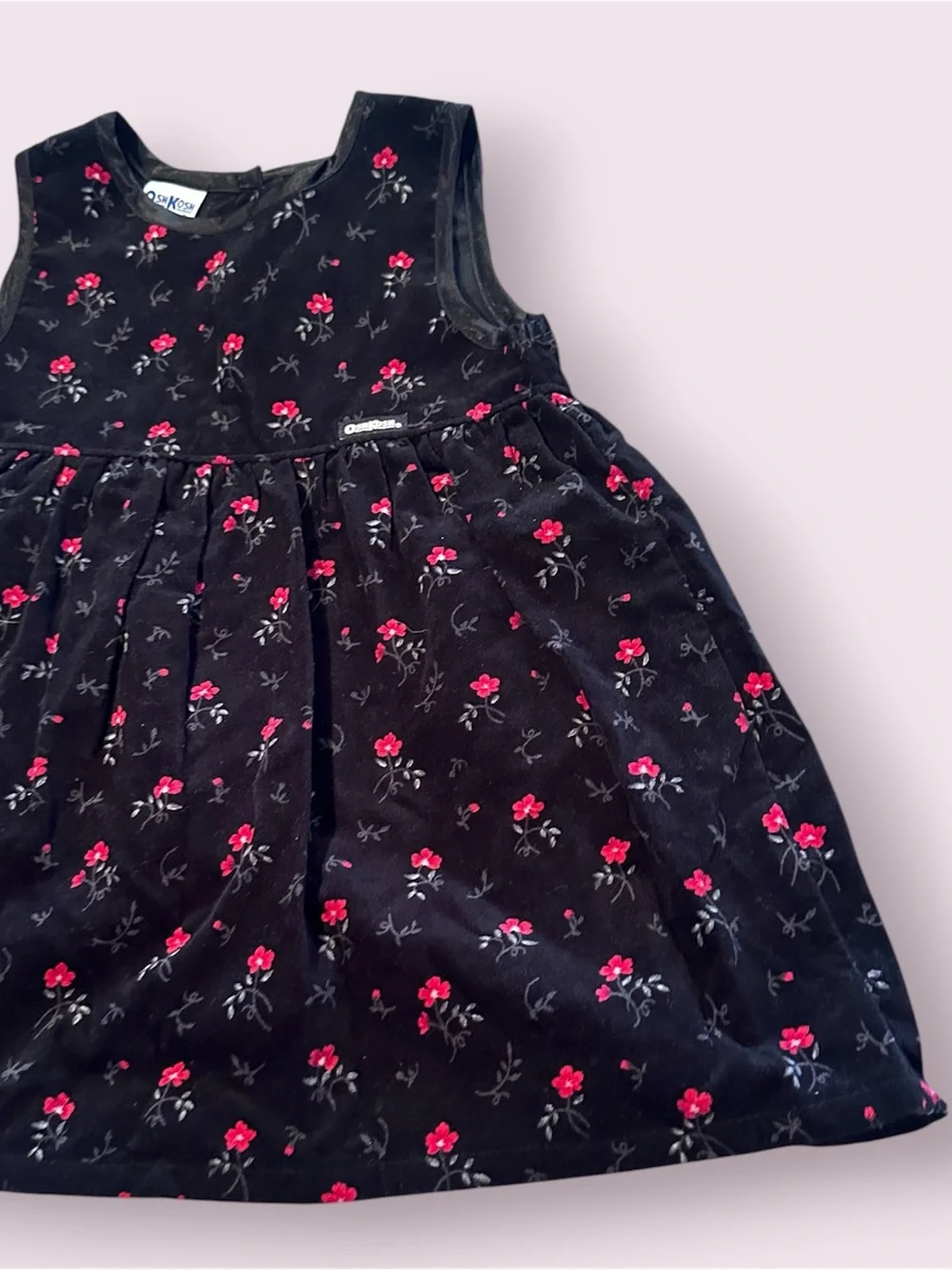 Vintage Toddler OshKosh B'gosh Black Red Floral Print Velvet Dress Size 3T